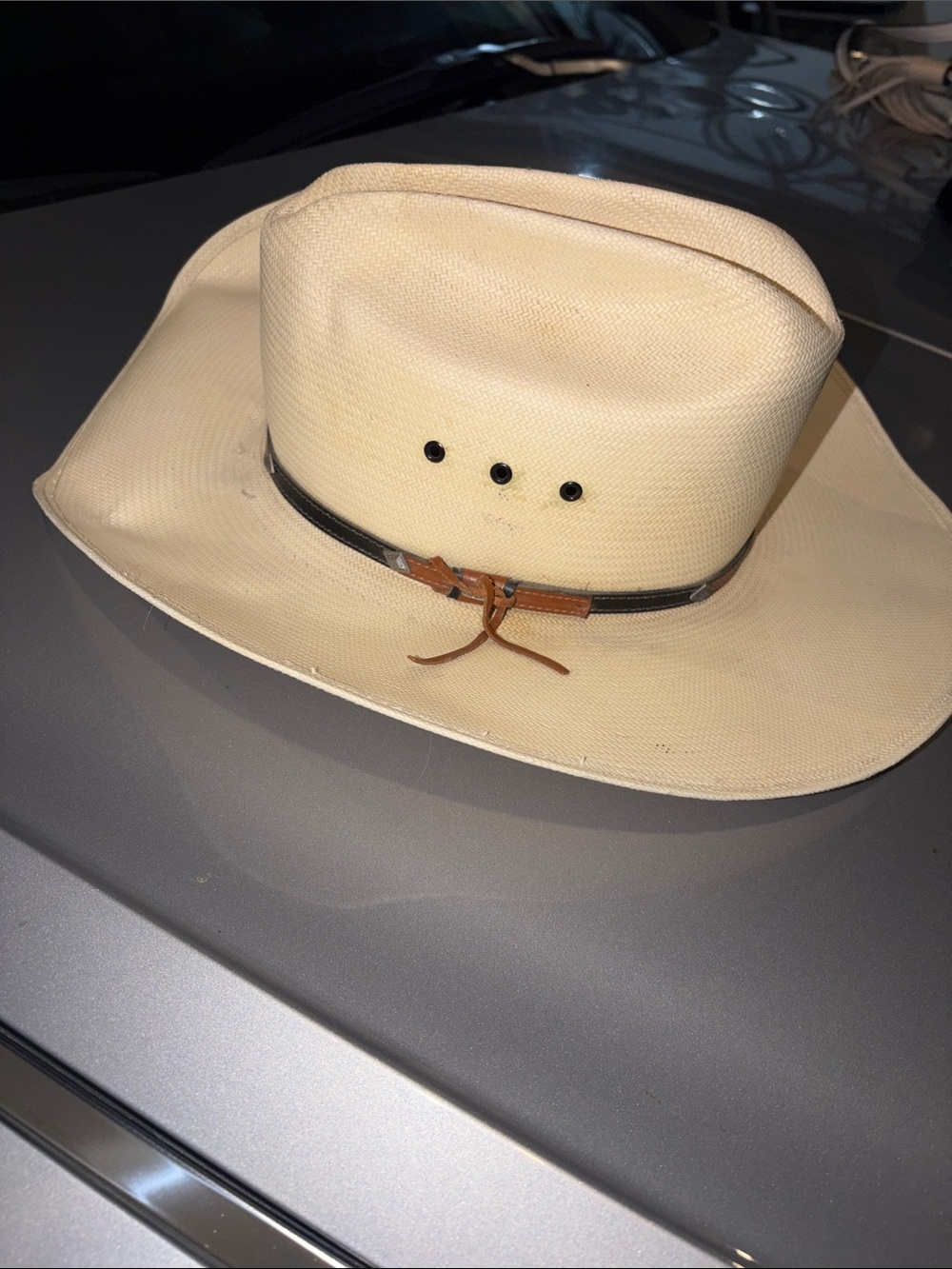 Stetson John B vintage rare 7 1/4 Men's Tan StrawHat with Brown Leather shantung